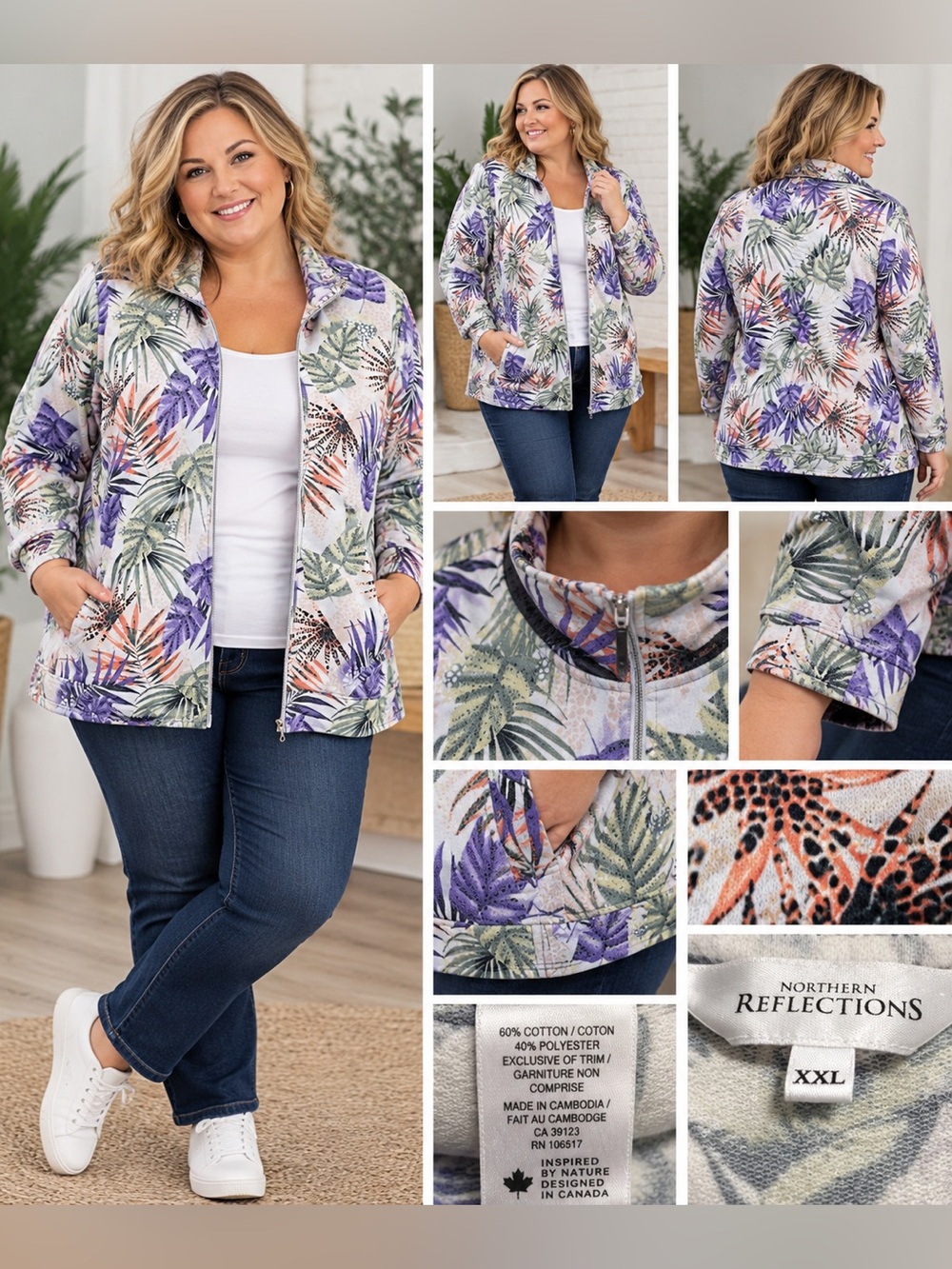 Northern Reflections XXL Tropical Floral Zip Up Jacket Cotton Blend